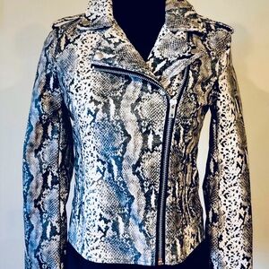 Snake Print Faux Leather Moto Jacket - White/Black